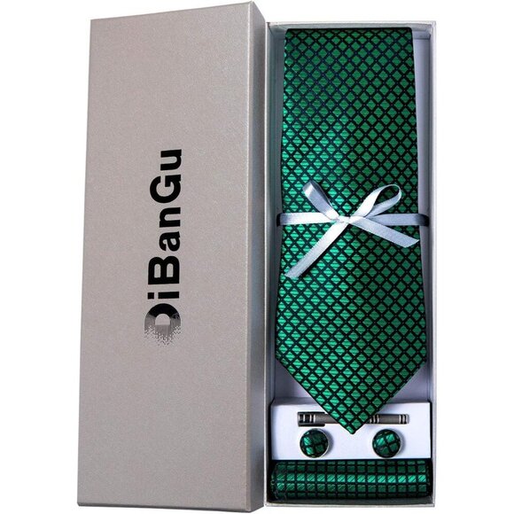 🆕Men Green Plaid Silk Checkered Necktie Pocket Square Cufflinks Tie Clip Set - Picture 4 of 6